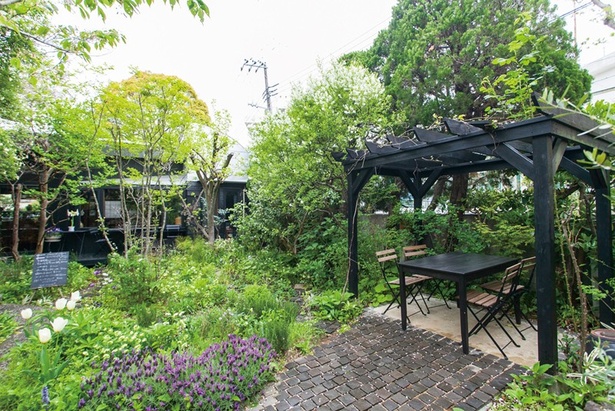 「cafe kaeru」にある全6席のテラスはワンちゃん連れもOK。庭園には店主が集めたカエルの置物もあるので探してみては？