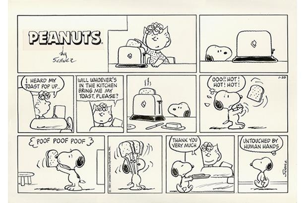 【写真】展示作品の一部。「ピーナッツ」原画　1991年1月20日