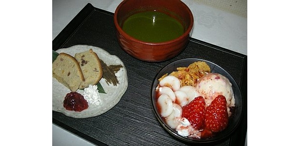 紅ほっぺと小豆のケーキと豆乳ミニパフェがセットに！｢寿司和食 北浜｣と女子大生のコラボ(単品780円)