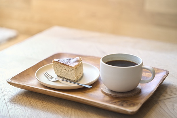 ホットコーヒー(450円)には、職人技が息づく常滑焼のカップを使用。生地にエスプレッソ、土台にコーヒーの粉を使ったコーヒーチーズケーキ(500円)は、ビターな香味にまろやかなコクと甘味が際立つ