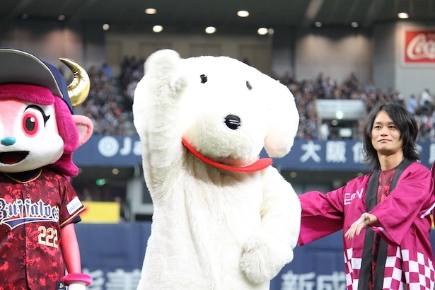 試合前にはWAONも登場し、ブルとベルと一緒に球場を盛り上げた