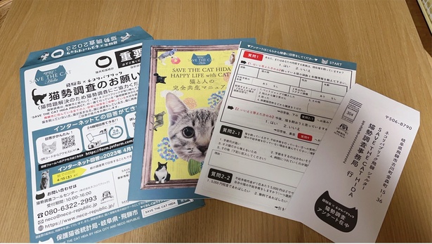 3月15日から飛騨市内の約8000戸に配布したアンケートと「猫と人との完全共生マニュアル」。4月時点で約2000件の回答が集まった