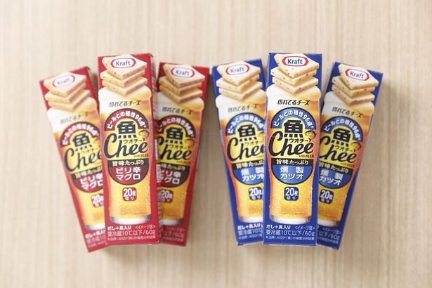 2023年4月1日に発売になった「魚Chee ピリ辛マグロ」(左)と「魚Chee 燻製カツオ」(右)