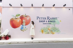 「Peter Rabbit(TM) SHOP＆BAKES」のウォールアートを背景に写真撮影