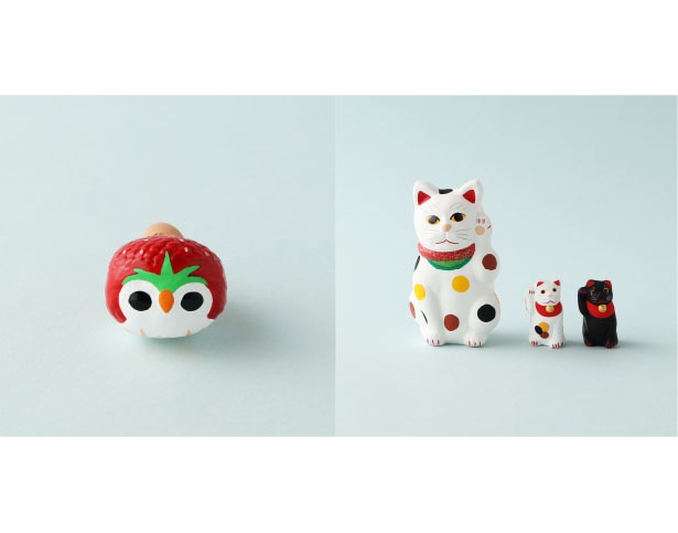 【写真を見る】博多あまおう柄のキュートな「モマ笛」(写真左)はLT限定。津屋崎人形「招き猫」(右)も素朴な可愛さで人気だ