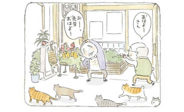 「おはよーさん」穏やかな島の朝。朝から釣りをするじいちゃんと猫たち / （C）ねこまき（ミューズワーク）／KADOKAWA