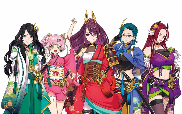 Vライバーガールズユニット・武士来舞(BUSHILIVE)。左からMitsuha(三葉)、Hidemaru(ひでまる)、Nobuka(信華)、Saku(雀)、Shina(紫衣奈)。