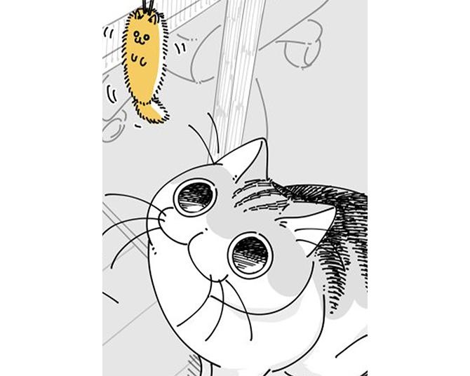 【ネコ漫画】ゆらゆら揺れるストラップが気になる猫!?掴もうと一生懸命な姿に「かわいい」との声多数