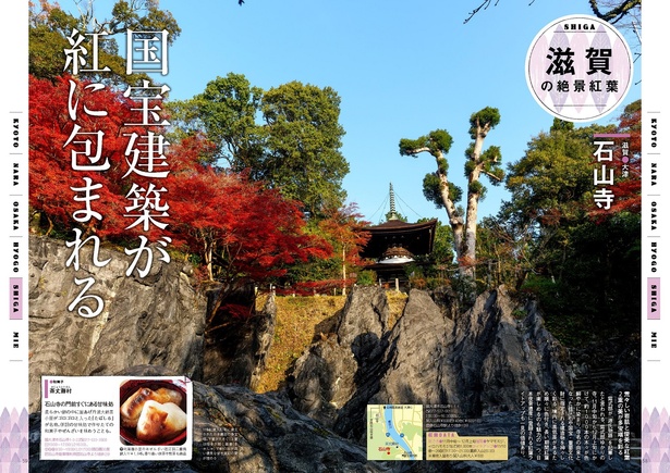 石山寺／1194(建久5)年に建立された日本最古の多宝塔。下重が大きく、上重は塔身が細く華奢(きゃしゃ)で軒の出が深い優美な姿を真紅の葉が埋める