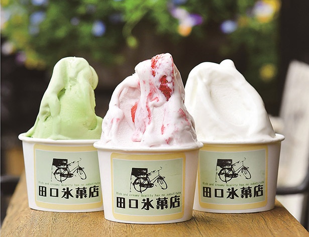 【写真を見る】信州の旬の恵みを使用した新鮮ジェラート(シングル350円他/田口氷菓店)