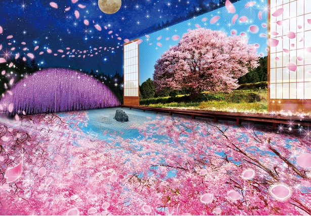 新スポット「こころの故郷」では日本の四季を石庭に映し出されるプロジェクションマッピングとともに体感できる