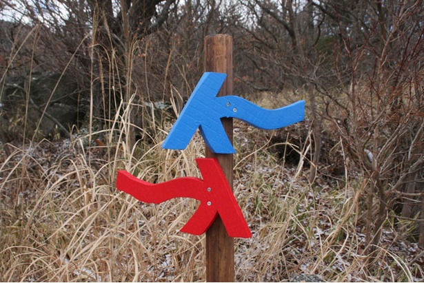 九州オルレ 九重・やまなみコース。オルレコース上に設置された矢印。順路は青の矢印、逆路は赤の矢印に沿って歩く