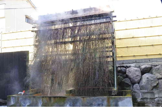 温泉の湯を冷ます「湯雨竹(ゆめたけ)。竹を通すことで、ほぼ100度の湯が47度ぐらいまで冷める