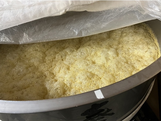 焼酎の製造過程のひとつ、発酵中のもろみ。炭酸ガスが盛んに発生している