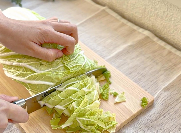 白菜を細切りにする▶「ふんわりとラップをかける」とは、どれくらいふんわりさせる？（⇒次へ）