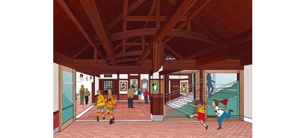 駅舎内は木や石、レンガを使っている