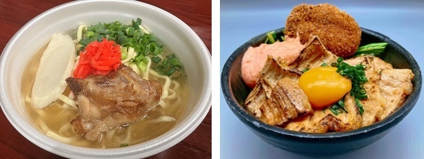 (写真左)ソーキそば (写真右)博多牛ホルモンと黒豚メンチカツ丼〜明太子タルタルソースかけ～