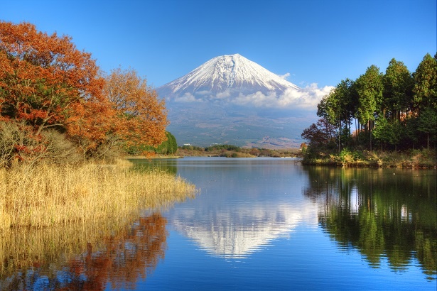 晴れた日は湖に見ごとな逆さ富士の姿が！紅葉は11月上旬から葉が色付き始める