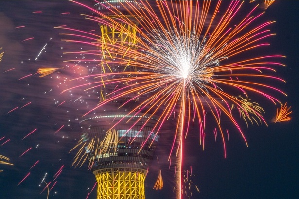 東京スカイツリーの真横に打ち上がる花火はまさに江戸の華