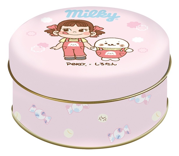 アフターユース性抜群のペコちゃん×しろたんミルキー缶(ピンク色)