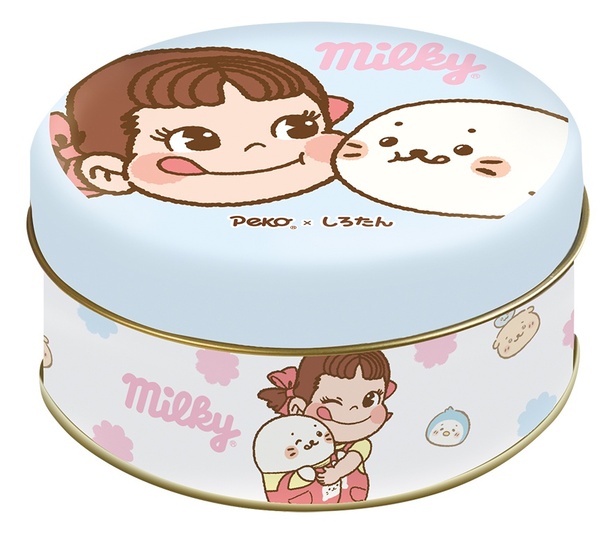 アフターユース性抜群のペコちゃん×しろたんミルキー缶(水色)