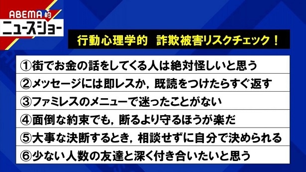 藤井靖心理学部教授考案の「詐欺被害リスクのチェックリスト」