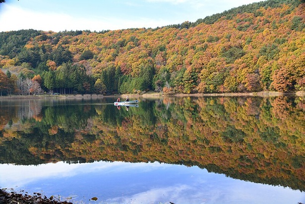 四尾連湖の湖面に紅葉が映し出される／四尾連湖の紅葉