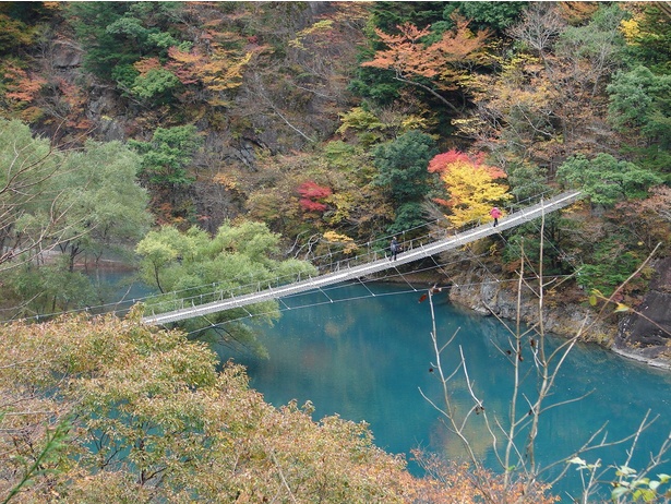 夢のつり橋の全容。混雑時は人数制限あり／寸又峡