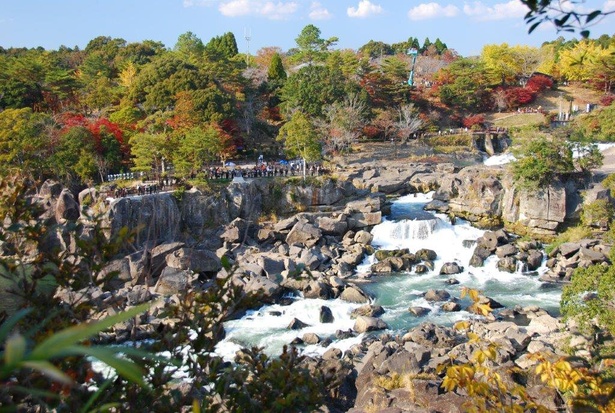 巨大なスケールの滝に紅葉の彩が加わる／曽木の滝