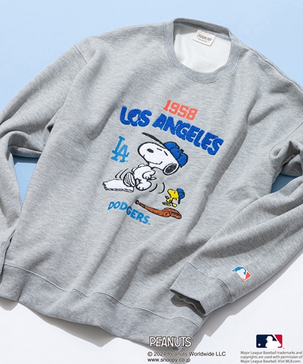「PEANUTS MLB オリジナルデザイン オリジナルデザイン 裏起毛クルーネックスウェット ドジャース(モクグレーB柄)」(7689円)