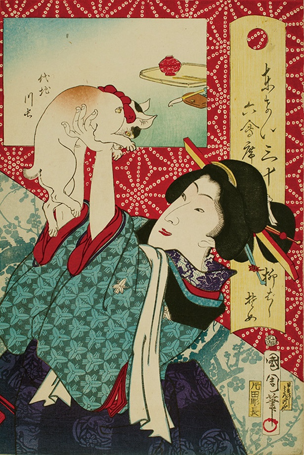 「あそぶ浮世絵 にゃんとも猫だらけ」にて展示。猫と女性が戯れる一枚だ