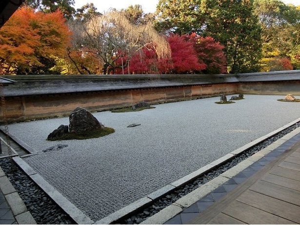 有名な方丈庭園の塀越しに真っ赤な紅葉を観賞できる／龍安寺