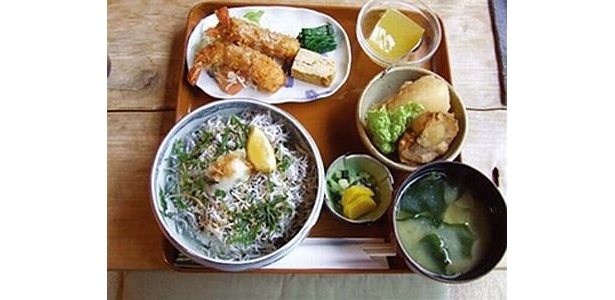 あきしのご当地丼、釜揚げちりめん丼。炊きたてご飯にチリメンジャコや青ジソなどをのせた