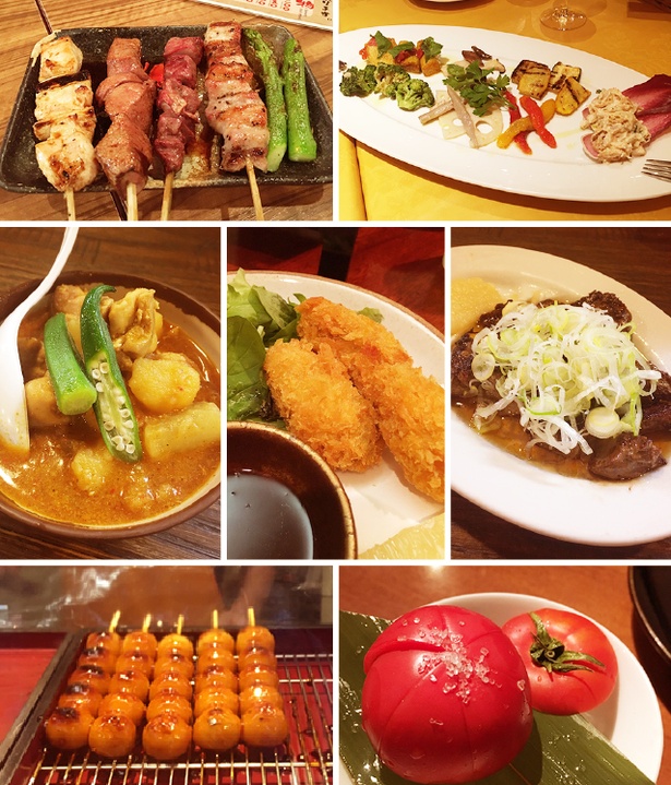 時間内参加店舗すべて行き来自由で各店舗自慢のメニュー食べ放題とアルコール飲み放題を3500円で楽しめる。