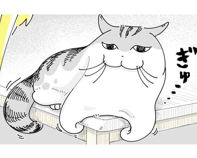 【ネコ漫画】テーブルから離れようとしない愛猫!?その姿にSNSで「思わず笑ってしまう」などの共感コメントが多数