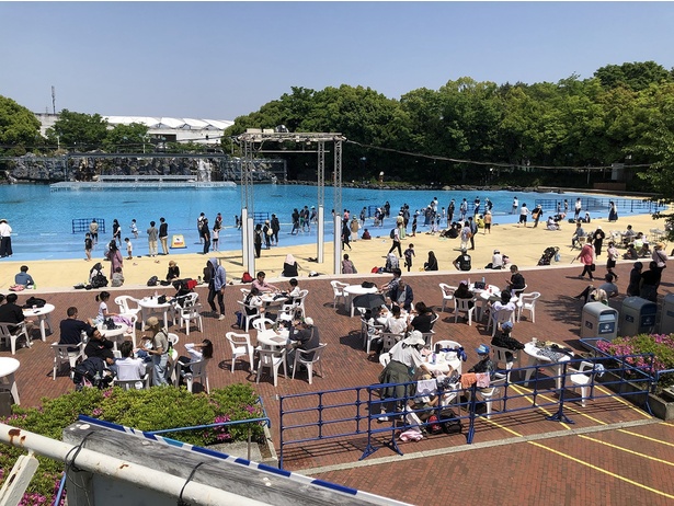 プールの浅瀬に足を浸けて、ひと足先に夏気分をエンジョイ!