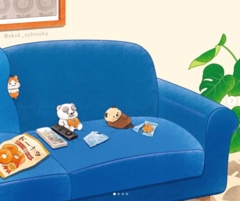 それぞれの定位置で、おうちで映画鑑賞するキャラクターたち。家でくつろぐ様は確かに万国共通！吹き出しは不要！
