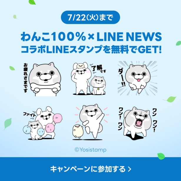 「わんこ100%×選べるニュース」LINEスタンププレゼントキャンペーン実施中！友だち追加して「わんこ１００％」のスタンプをもらっちゃおう