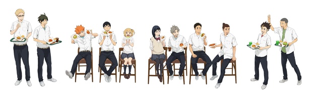等身大パネルのコラボビジュアルデザインでは、それぞれのキャラクターがモスバーガーでの食事を楽しんでいる