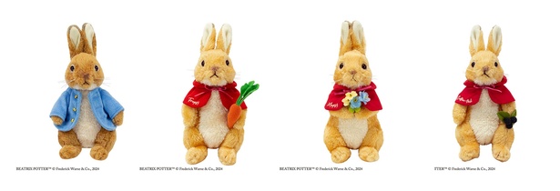「ナチュラルシリーズ ぬいぐるみ」(各4400円) 写真右からピーターラビット(TM)、フロプシー(TM)、モプシー(TM)、カトンテール(TM)