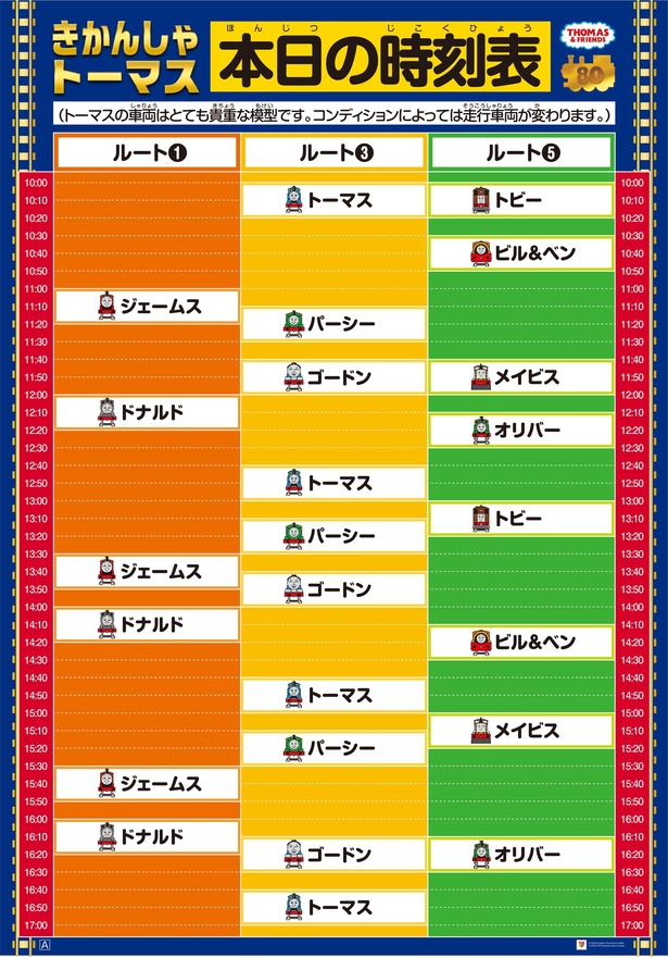 時刻表は2種類あり、日によって走行する模型が少し変わる