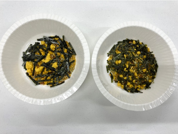 「大粒のりたま」(左)と通常の「のりたま」(右)を見比べると、その大きさの差は歴然