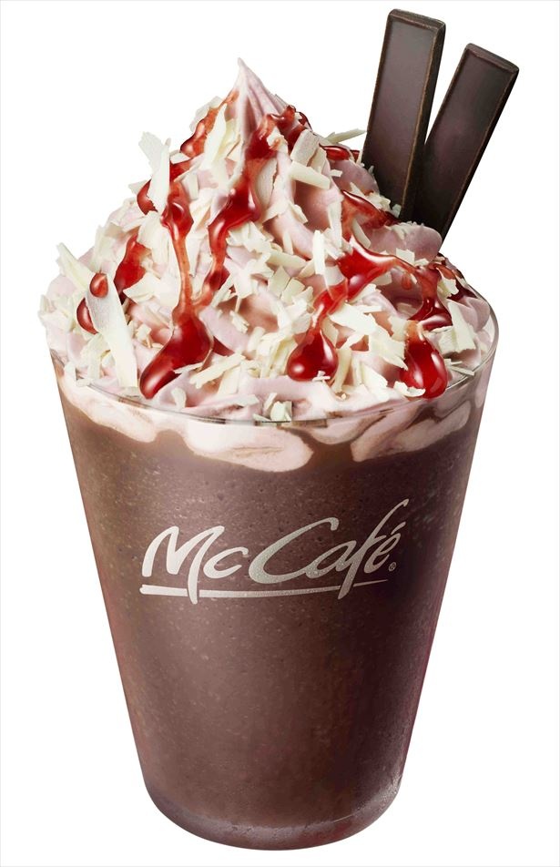 チョコレートパウダー、チョコレートソース、ラズベリーシロップ、ミルク を混ぜ合わせた「プレミアムラズベリーチョコレートフラッペ」
