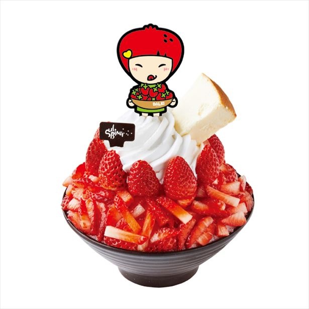 パウダースノーのようなふわふわのミルクかき氷に、たっぷりのいちご、さらにチーズケーキをトッピング した「プレミアムいちごソルビン」