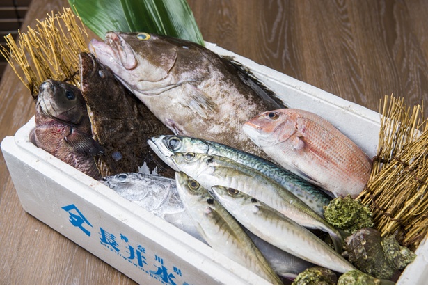 真ダイ、サバ、サザエなど、その日に捕れた魚介類が使用される。活きがよくて臭みもない