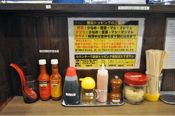カウンターには、ニンニクや黒コショウ、ハバネロソースなどのトッピングが設置されていマシた