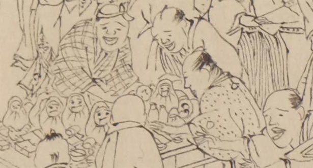 「高崎談図抄」に版画として描かれた、田町の市でだるまを売る様子