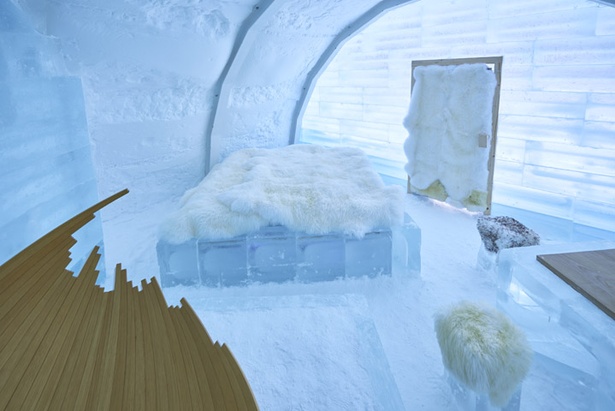 インテリアまでが氷でできたアイスホテル客室