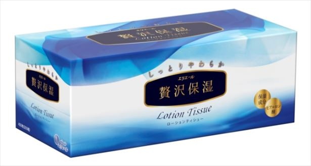 「エリエール 贅沢保湿」保湿成分グリセリン・ヒアルロン酸・天然由来成分コラーゲンを配合した、しっとりした使い心地