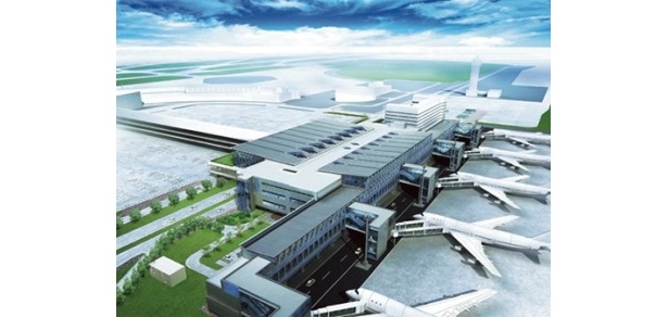 3月26日(金)オープン予定の、新国際線旅客ターミナル。国際線ビルは現在のターミナルビルの駐車場をはさんだ西向かいに完成する